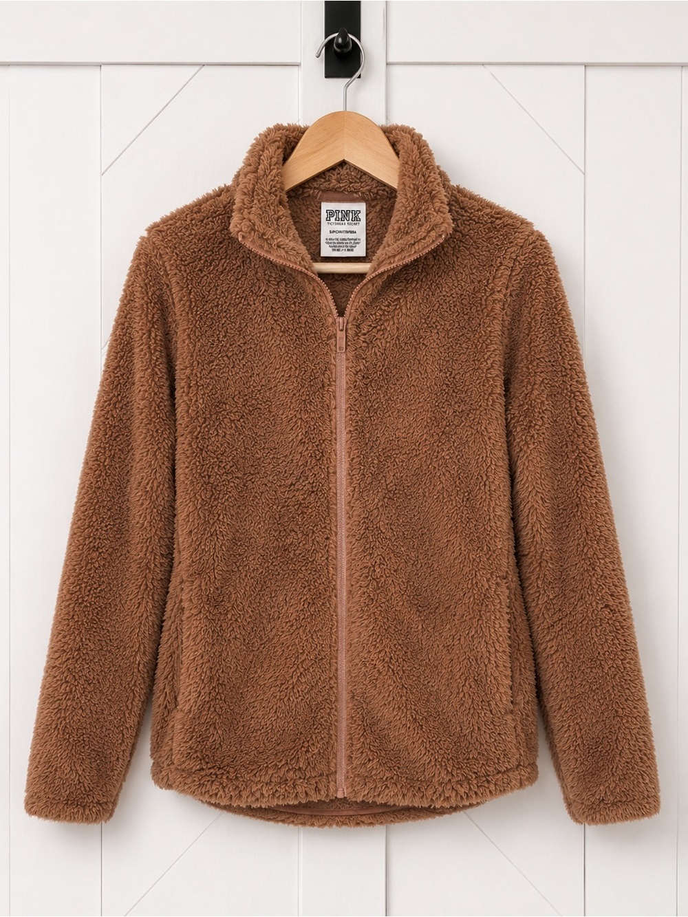 PINK Victoria’s Secret Teddy Fleece Zip Jacket Brown Cozy Plush Size S